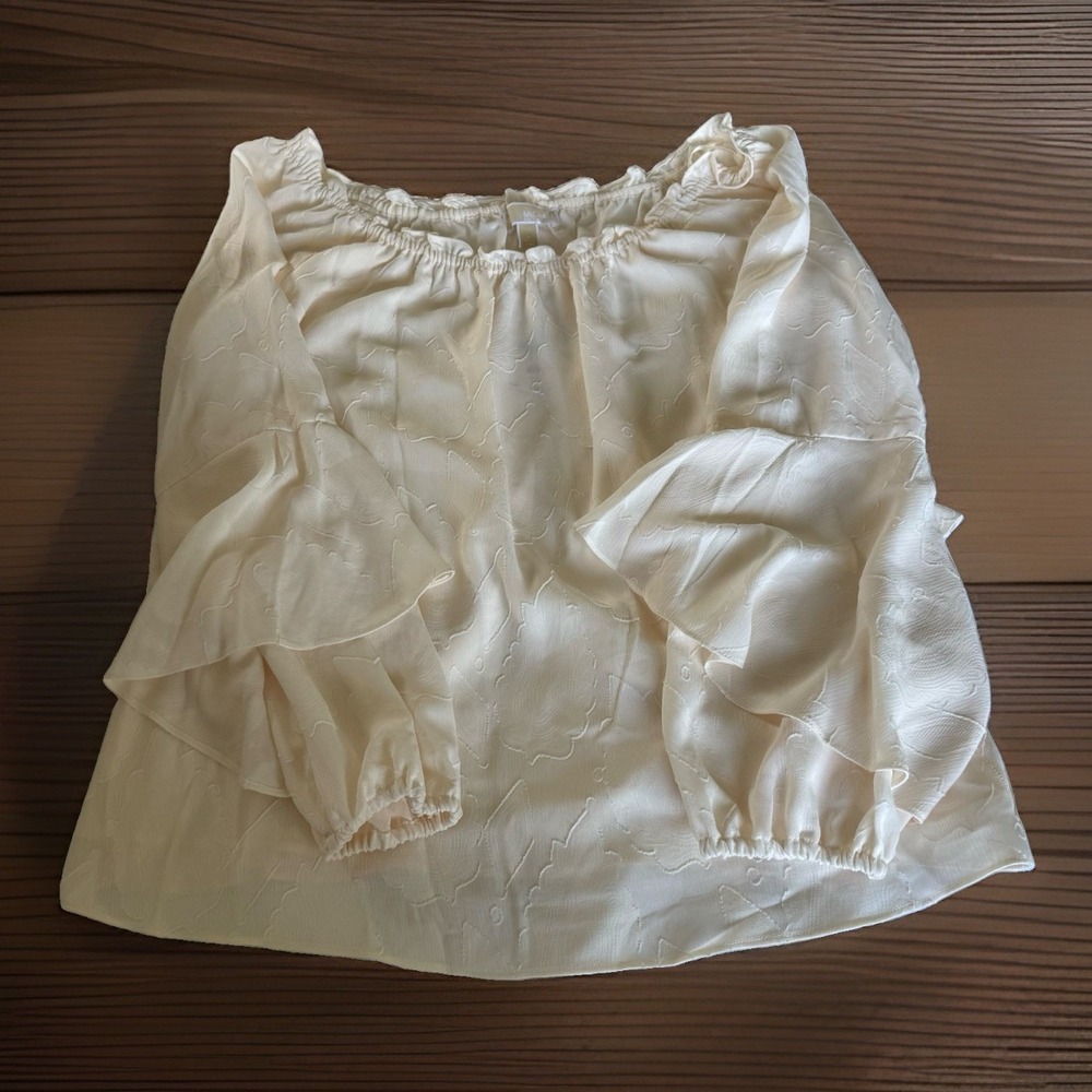 Michaels Kors White ruffle long sleeve floral pattern embroidered ivory